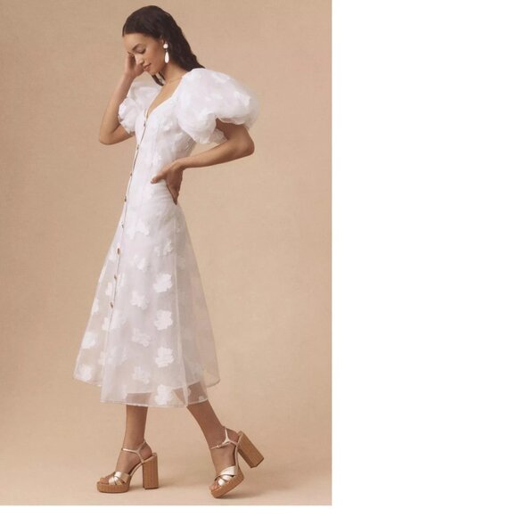 By Anthropologie Let Me Be Puff-Sleeve Sheer Midi Dress XXS NEW white - Picture 4 of 7